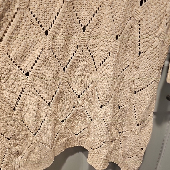 Vintage 80s Crochet Cardigan Long Cream Brown Knit Bohemian Large Retro Patches - Picture 9 of 12